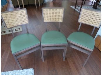 Three Mid Century Modern Stakmore Cane Back Green Folding Chairs