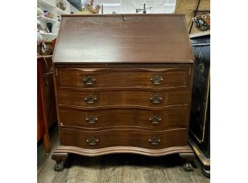 Wonderful Antique Mahogany Governor Winthrop Secretary Desk- 4 Serpentine Drawers, 4 Ball & Claw Feet, Cubbies