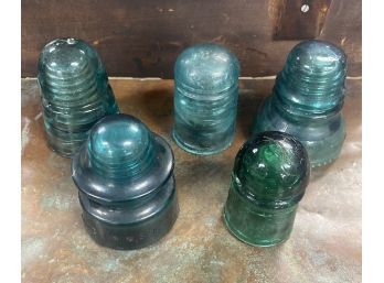 Five Antique Blue/ Green Glass Insulators - Made By Hemingray & Brookfield. Circa 1920.