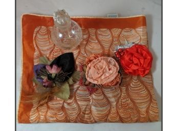Women's Scarf, Lovely Flower Pins, And Perfumer