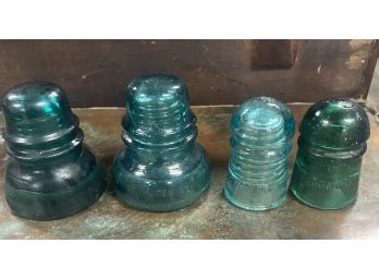Four Antique Blue/ Green Glass Insulators - Hemingray & Brookfield Makers. Circa 1920