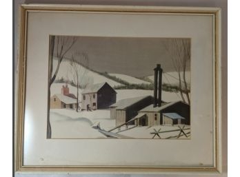 Framed Lithograph Of A Mountainside Village