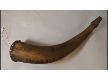 Large Antique Hand Crafted Powder Horn With Wood Cap