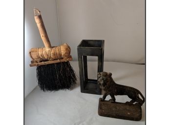 Vintage Lion Cast Iron Doorstop, Candle Holder, And Statue Brush