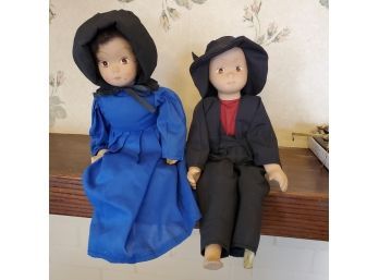 Two Vintage 14 Inches Porcelain Amish Dressed Dolls
