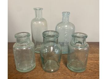 Antique Blue Green Glass Bottles - One Is Marked Ponds Extract