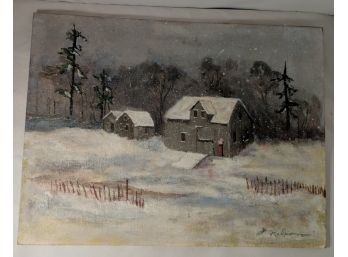 Oil Painting On Board Of Quaint Country Home In Wintertime