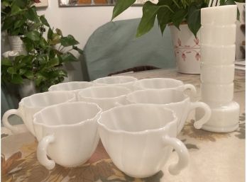 Hazel Atlas Alpine White Swirl Milk Glass Mugs  And Milk Glass Vase