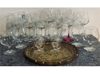 Wine Glasses, Brandy Snifrters, White Dinne Plates And Wooden Tray From Italy