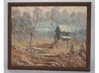 Signed M. Good Original Framed Country Cabin Oil Painting On Canvas
