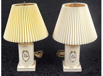 Sweet Pair Of Glazed Porcelain Lamps With Pink Roses With Gold Bows