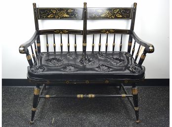 Antique Black/Gold Painted Tell City Deacon's Bench With Vinyl Cushion