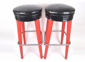 Pair Of Vintage Thonet, New York Black And Red Bar Stools
