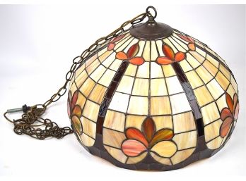 Large Stained Art Glass Hanging Lamp In Brilliant Warm Colors