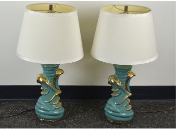 Pair Of C. Miller Blue-Green And Gold Pottery Lamps