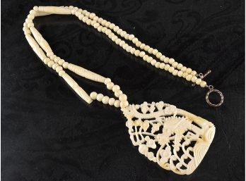Intricately Hand Carved Vintage Bone; Bead; Silver Necklace