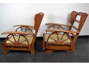 Unusual Pair Of Vintage Conestoga Wagon Wheel Themed Comfy Easy Chairs; 1 Rocker