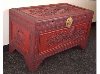 Impressive Large Cinnabar-Colored George Yee Antique Carved Chinese Trunk
