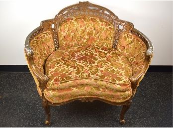 Ornately Carved Wood Vintage Half-Moon Upholstered Settee Chair
