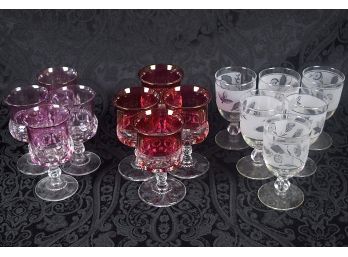 Three Sets Of Gorgeous Red/Pink Libby/Clear Crystal Stemware And Pressed Glassware