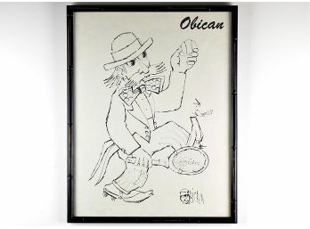 Large Framed, Tennis Theme, Original Obican Line Drawing Signed Thrice