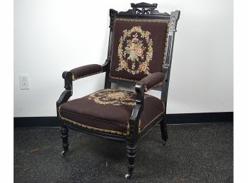 Eastlake Wood Chair On Casters With Needlepoint Upholstery