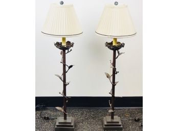 Pair Of Tall Frederick Cooper Patinated Brass Buffet Lamps With Ivory Pleated Shades
