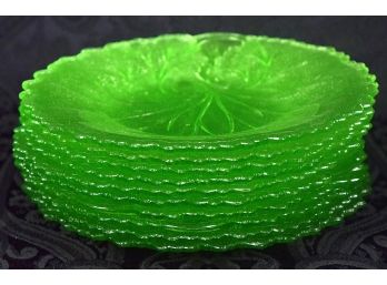 Set Of Eight Green Glass Vintage Dishes And A Small Bowl