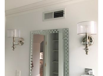 A Pair Of Chrome & Lucite Sconces With Fabric Shades