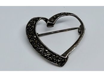 Vintage Marcasite And Sterling Silver Heart Pin/Broach