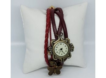 Beautiful Burgundy Snap Band Watch With Butterfly Charm