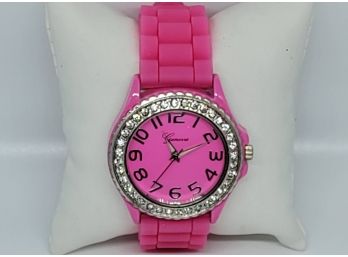 Geneva Pink Rubber Band Crystal Bezel Watch