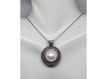 Stunning Pearl And Sapphire Sterling Silver Necklace With Goldtone Accent