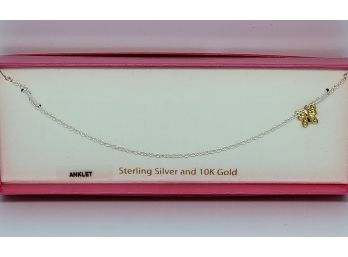 Sterling Silver And 10k Gold Anklet With Butterfly