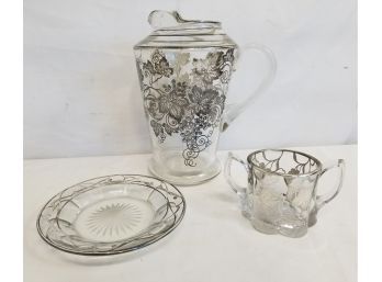 Vintage Sterling Silver Overlay Glass Water Pitcher,  Sugar Bowl & Dessert Plate