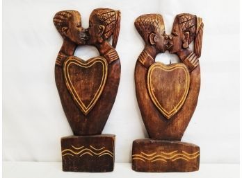 Two Hand Carved Wooden Heart Shaped Kissing Couple Wall Hangings