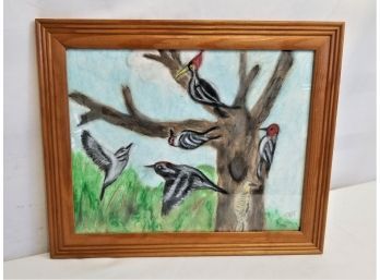 Framed Woodpecker Color Pencil Drawing - Signed By Artist