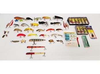 Vintage Fishing Lures With Tackle Box: Heddon, Fred Arbogas, Mepps Aglia, Dardevle, Wood Glass Eye & More
