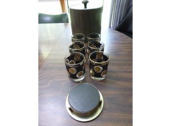 Vintage Barware Lot - Libbey Coin Glasses, Irvinware Ice Bucket, Coasters