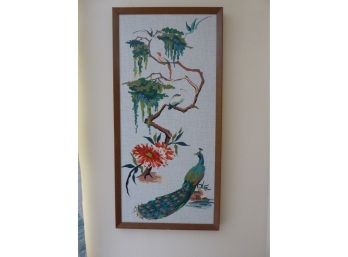Mid Century Modern Peacock Oil Painting On Vinyl Cloth - Signed