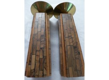 Vintage Wood Inlaid And Brass Candle Holders - By 'David' - Israel