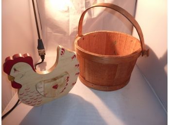 Wooden Bucket And Wood Chicken