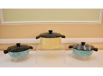 Set Of Three Mid-Century 1950's Enamelware Squiggle Pots. (PICK UP #1)
