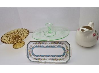 Crown Staffordshire England Tray, Green Etched Glass Tray, Amber Depression Glass Cake Pedestal And Continental Pitcher (PICK UP #2)