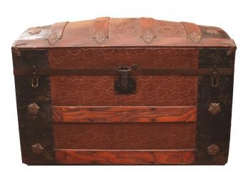 Antique Dome Top Oak Wood And Embossed Tin Steamer Trunk (PICKUP #2)