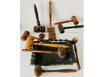 Lot Of 1960-80 Gavels, 2 Sound Blocks, 1 Gavel Holder Assorted Wood, 1 Brown Acrylic Used By A CT. Judge