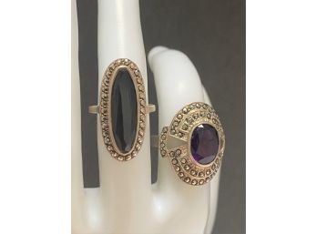 Lot Of 2 Vintage Sterling Silver Marcasite Rings Amethyst Size 8 1/4 - Onyx Stone Size 6 ( Read Description)