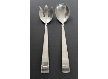 Vintage Three Crowns Silversmiths 2pc Silver Plate Salad Serving Set- 12' L Derived From Scandinavian Theme