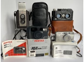 Lot Of 4 Cameras View-master Personal Stereo Camera, Minolta Freedom Zoom 150, Pentax IQZoom 115, Argus 75