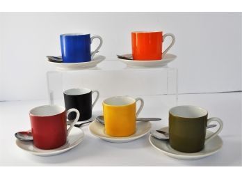 Set Of 6 Adorable 2' Tall Espresso Coffee Cups, 5 Saucers And 5 Stainless Spoons